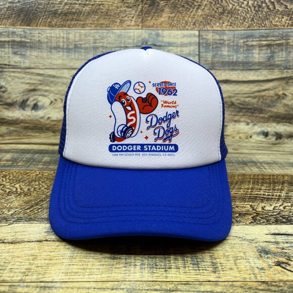 Dodger Stadium Mens Trucker Hat Orange Snapback Hot Dogs 1962 LA MLB Cap - Picture 2 of 8